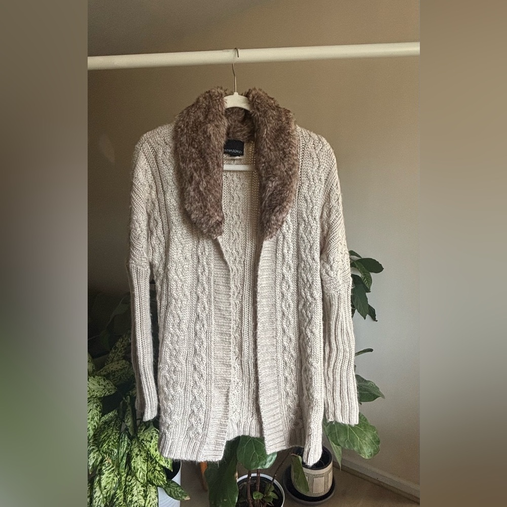 Cynthia Rowley Wool Alpaca Blend Cardigan With Faux Fur Neck Size L - Picture 2 of 5